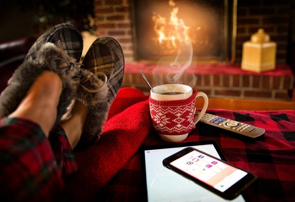 relaxing by the fire with tea